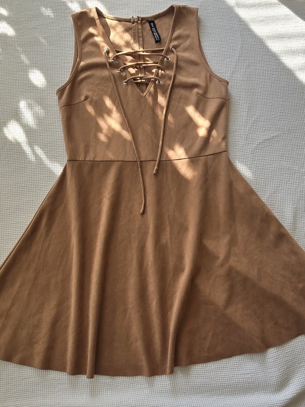 Suede-like Lace-up, Tan/Brown Mini Dress. Size Medium